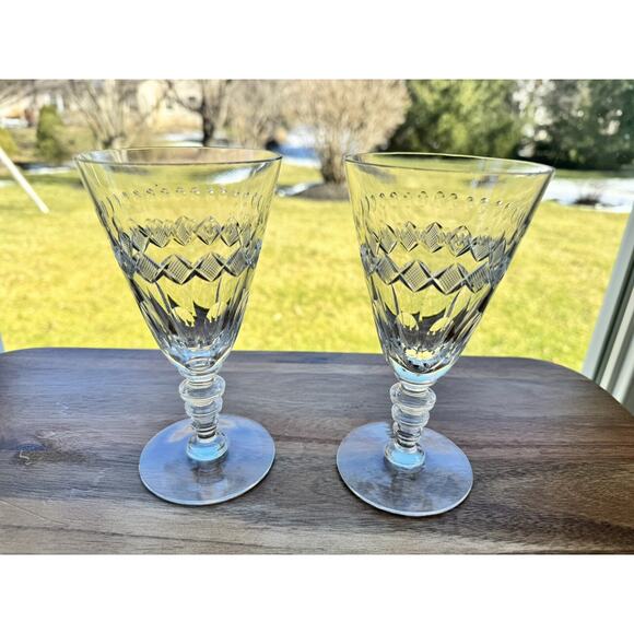 Vintage Hawkes Diamond Cut Glass Stemware 6.5” Tall ~set Of 2 - Picture 2 of 12